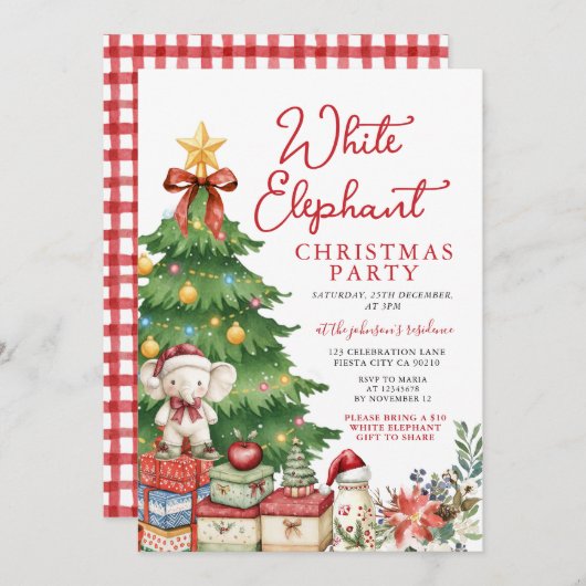 Red Bow White Elephant Christmas Party Exchange 招待状 (正面/裏面)