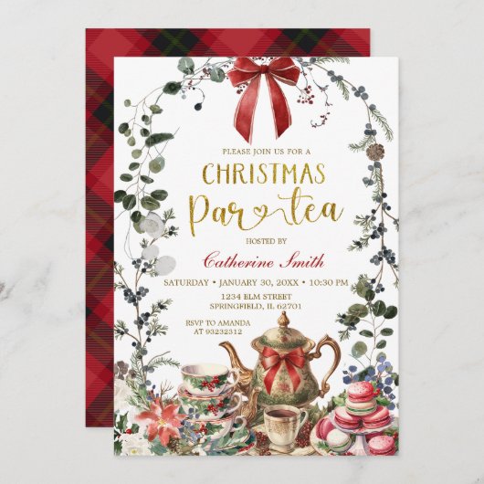 Red Bow Winter Greenery Christmas Tea Party 招待状 (正面/裏面)