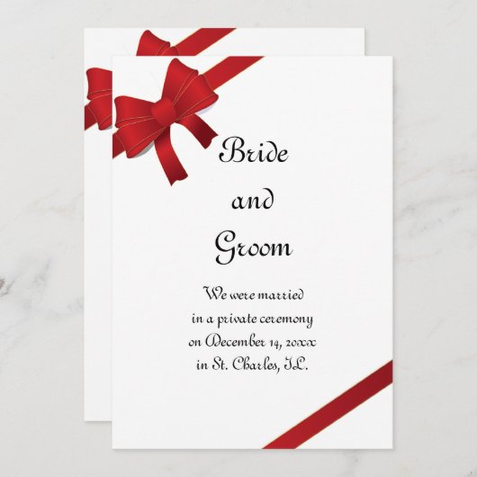 Red Bows冬の結婚/駆け落ち発表 案内状 (正面/裏面)