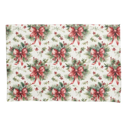 Red Bows and Holly Leaves 枕カバー (正面)