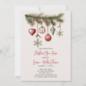 Red Bows Ornament Christmas Open House Party 招待状 (正面)