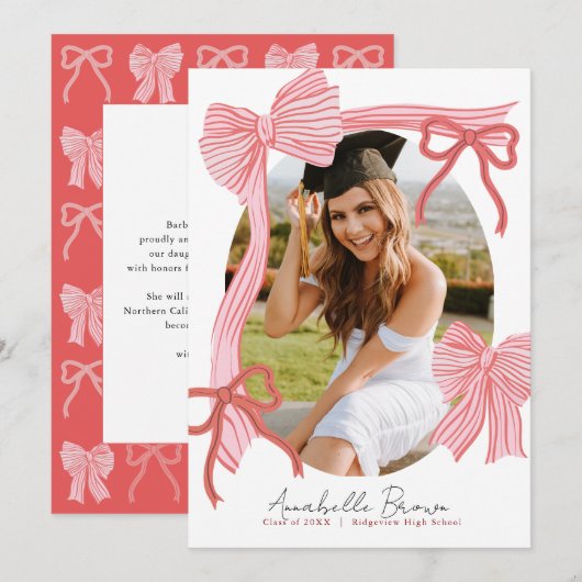 Red Bows Photo Message Graduation Announcement 招待状 (正面/裏面)