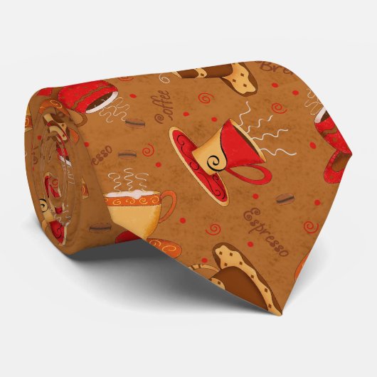Red & Brown Coffee Cup Pattern Man's Neck Tie ネクタイ (ロール)