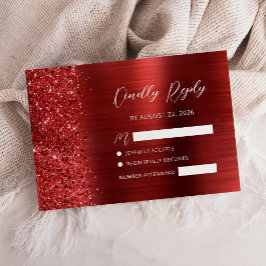 Red Brushed Metal Glitter Script Wedding 出欠カード