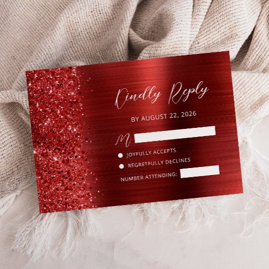 Red Brushed Metal Glitter Script Wedding 出欠カード