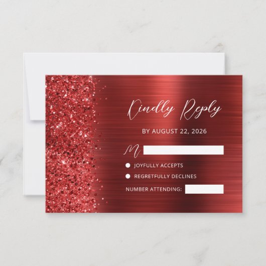 Red Brushed Metal Glitter Script Wedding 出欠カード (正面)
