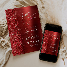 Red Brushed Metal Script Save the Date 案内状