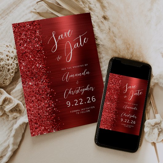 Red Brushed Metal Script Save the Date 案内状