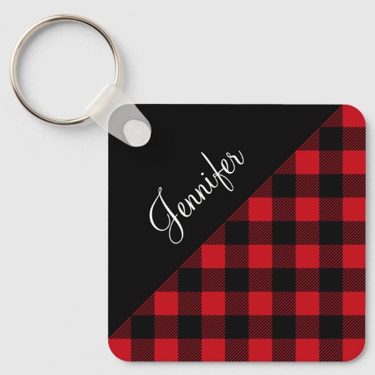 Red Buffalo Plaid Check Pattern Name キーホルダー (正面)