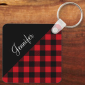 Red Buffalo Plaid Check Pattern Name キーホルダー (裏面)