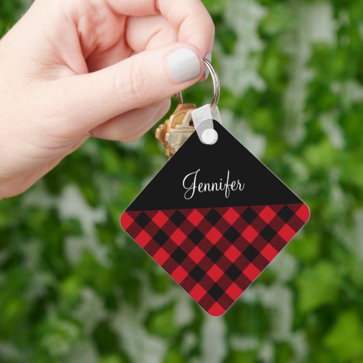 Red Buffalo Plaid Check Pattern Name キーホルダー (手)