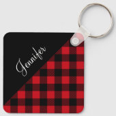 Red Buffalo Plaid Check Pattern Name キーホルダー (裏面)
