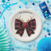 Red Buffalo Plaid Christmas Bow Paper Plates ペーパープレート (パーティー)