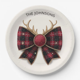 Red Buffalo Plaid Christmas Bow Paper Plates ペーパープレート