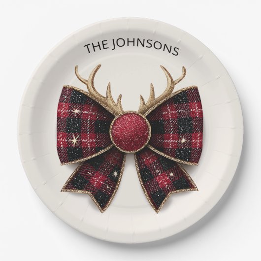 Red Buffalo Plaid Christmas Bow Paper Plates ペーパープレート (正面)
