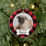 Red Buffalo Plaid Custom Pet Puppy Dog Photo セラミックオーナメント<br><div class="desc">Personalize this festive red and black buffalo check plaid ornament design with a photo of your puppy dog with their first name on the dog bone monogram nameplate. A great keepsake gift for dog lovers, to celebrate a puppy's first Christmas or to cherish the memory of a beloved family dog....</div>