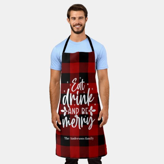 Red Buffalo Plaid“Eat, Drink & Be Merry" エプロン (着用した状態)