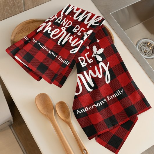 Red Buffalo Plaid “Eat, Drink & Be Merry” キッチンタオル