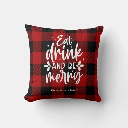 Red Buffalo Plaid “Eat, Drink & Be Merry” クッション (正面)