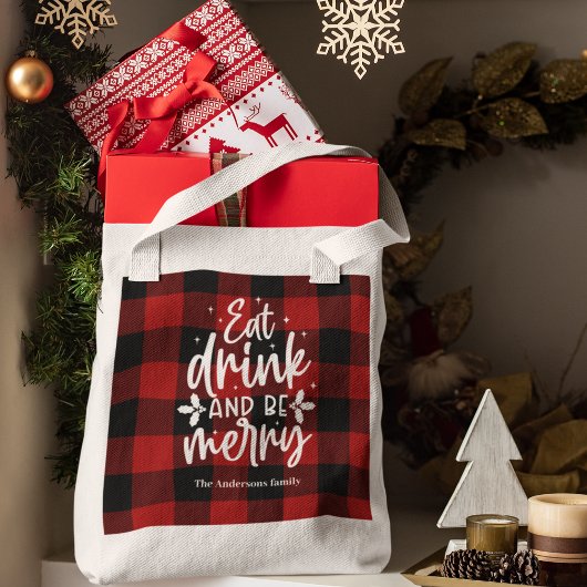 Red Buffalo Plaid “Eat, Drink & Be Merry” トートバッグ