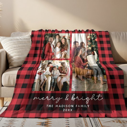 Red Buffalo Plaid Merry & Bright Christmas Photo フリースブランケット