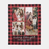 Red Buffalo Plaid Merry & Bright Christmas Photo フリースブランケット (正面)