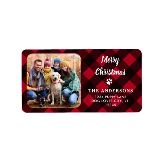Red Buffalo Plaid Merry Christmas Custom Photo ラベル (正面)