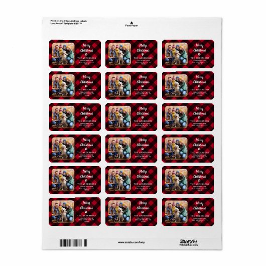 Red Buffalo Plaid Merry Christmas Custom Photo ラベル (フルシート)