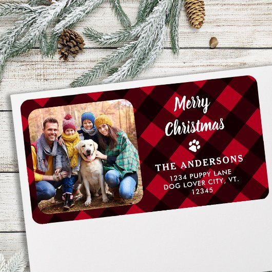 Red Buffalo Plaid Merry Christmas Custom Photo ラベル