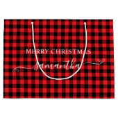 Red Buffalo Plaid Merry Christmas Cute Bow Name ラージペーパーバッグ (正面)
