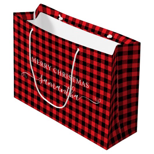 Red Buffalo Plaid Merry Christmas Cute Bow Name ラージペーパーバッグ (正面アングル)