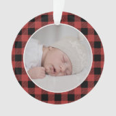 RED BUFFALO PLAID NAME Photo Christmas Keepsake オーナメント (正面)