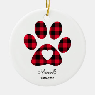 Red Buffalo Plaid Paw Print White Heart セラミックオーナメント