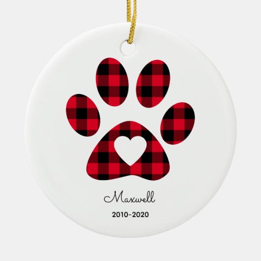 Red Buffalo Plaid Paw Print White Heart セラミックオーナメント (正面)