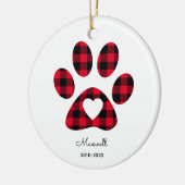 Red Buffalo Plaid Paw Print White Heart セラミックオーナメント (左)