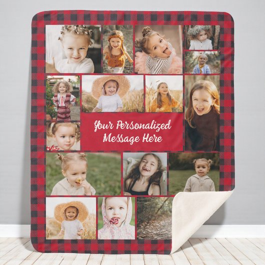 Red Buffalo Plaid Personalized 16 Photo Collage シェルパブランケット