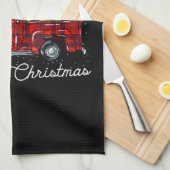 Red Buffalo Plaid Pickup Truck with Tree Merry Chr キッチンタオル (四つ折り)