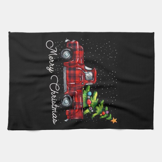 Red Buffalo Plaid Pickup Truck with Tree Merry Chr キッチンタオル (横)