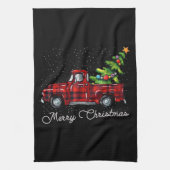 Red Buffalo Plaid Pickup Truck with Tree Merry Chr キッチンタオル (縦)