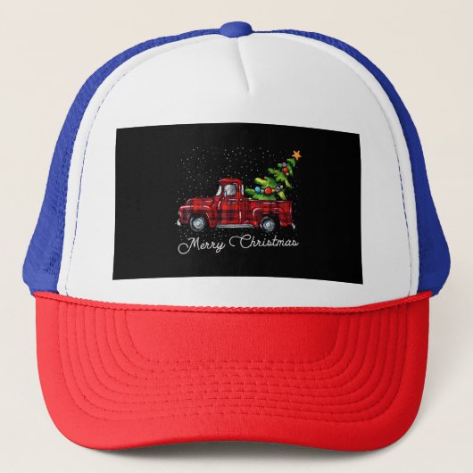 Red Buffalo Plaid Pickup Truck with Tree Merry Chr キャップ (正面)