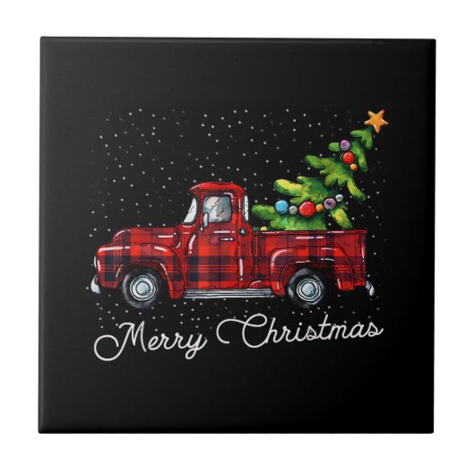 Red Buffalo Plaid Pickup Truck with Tree Merry Chr タイル (正面)