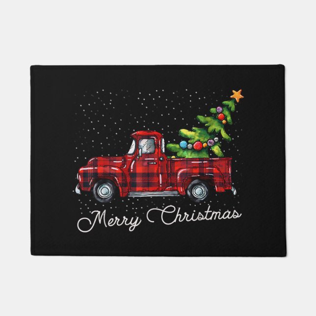 Red Buffalo Plaid Pickup Truck with Tree Merry Chr ドアマット (正面)