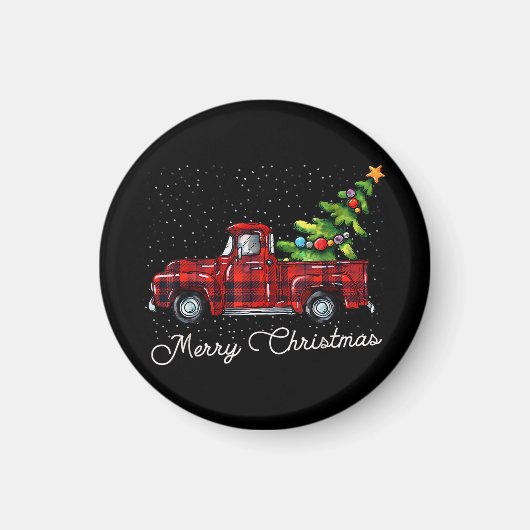 Red Buffalo Plaid Pickup Truck with Tree Merry Chr マグネット (正面)