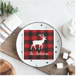 Red Buffalo Plaid & Reindeer | Personal Name Gift  スタンダードカクテルナプキン