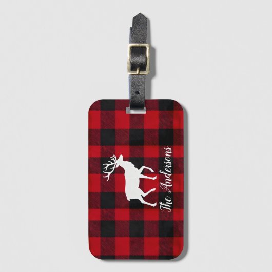 Red Buffalo Plaid & Reindeer | Personal Name Gift  ラゲッジタグ (正面縦)