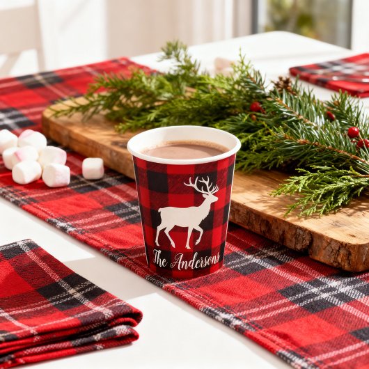 Red Buffalo Plaid & Reindeer | Personal Name Gift  紙コップ