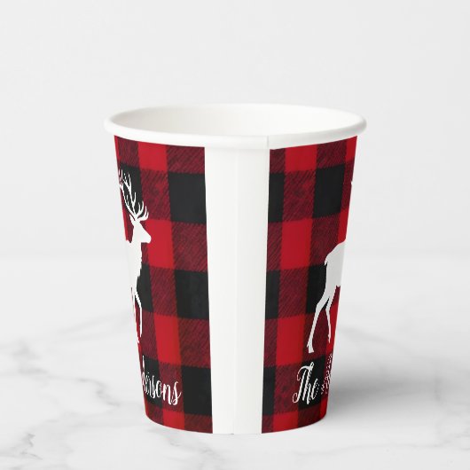Red Buffalo Plaid & Reindeer | Personal Name Gift  紙コップ (右)
