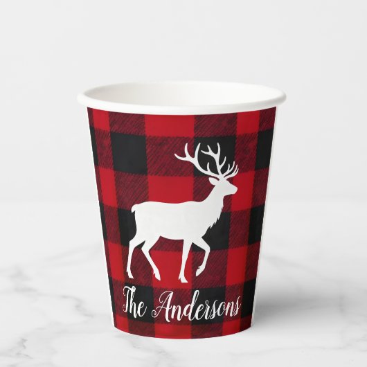 Red Buffalo Plaid & Reindeer | Personal Name Gift  紙コップ (正面)