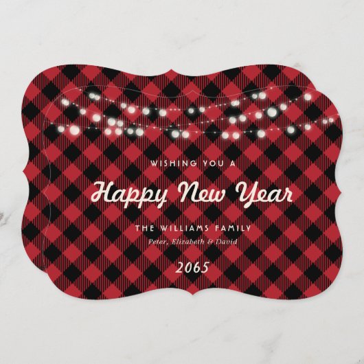 Red Buffalo Plaid String Lights New Year Card シーズンカード (正面/裏面)