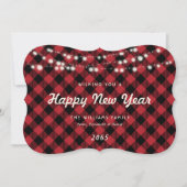 Red Buffalo Plaid String Lights New Year Card シーズンカード (正面)